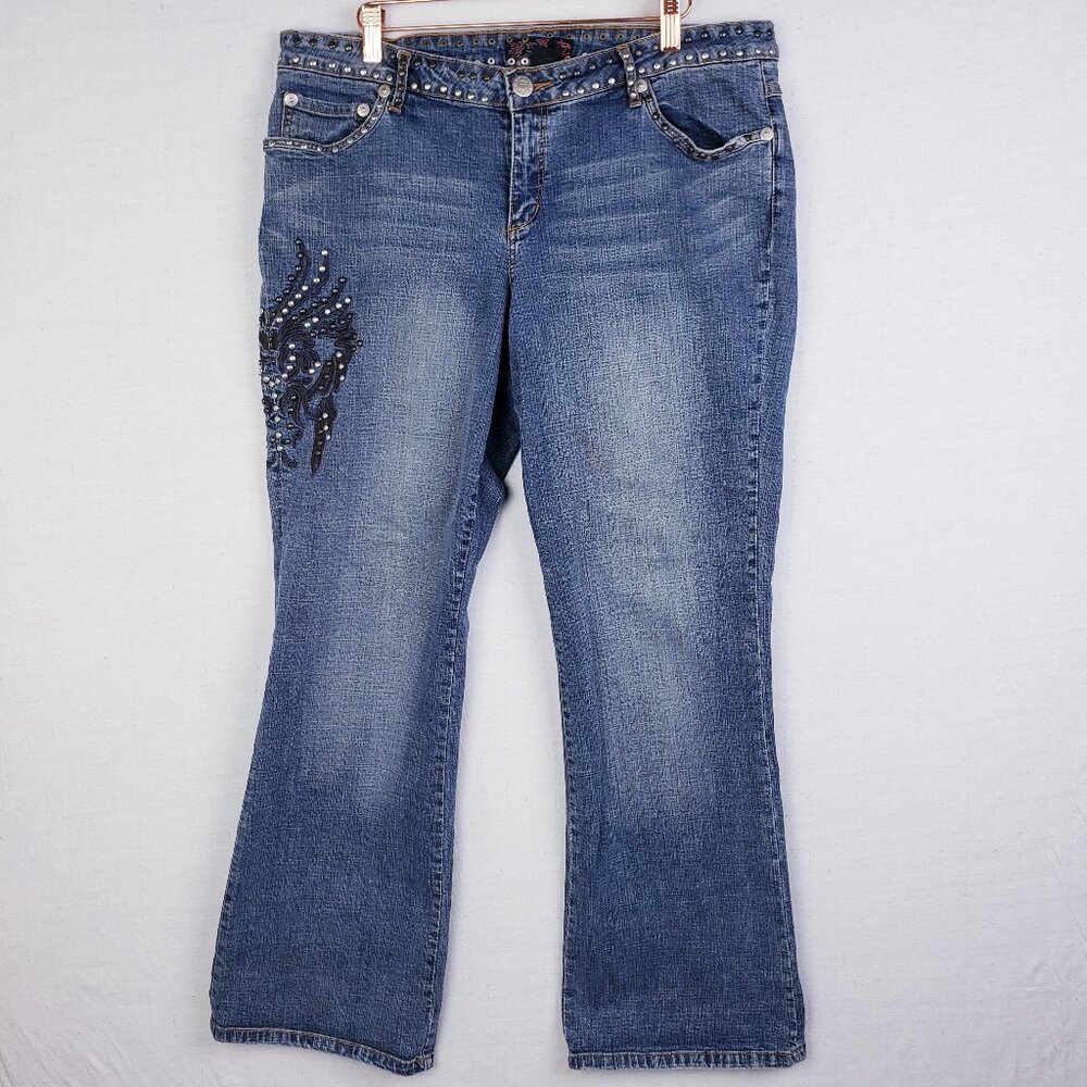 Vintage KIK GIRL Bootcut Jeans Denim 90s Y2K Embroidered Studded size 18 Western